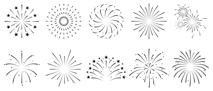 Firework line icon set. Vintage Fireworks collection for festival, sparks silhouette, explosion, burst shapes, new year celebration party. Fireworks for night sky background. Vector illustration.