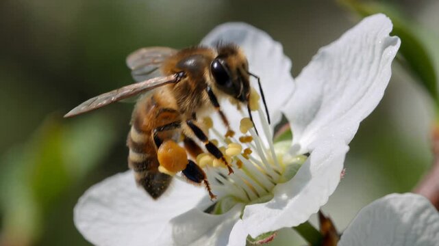 Honey bee collecting pollen from a white almond blossom with a full pollen basket, representing the essential process of pollination and nectar gathering in a spring garden