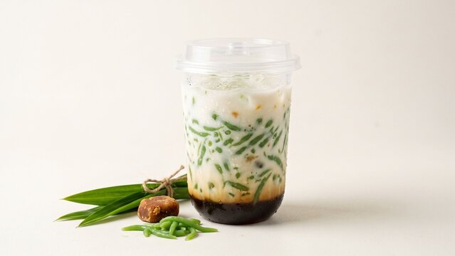 Refreshing Traditional Indonesian Es Cendol Dawet in a Takeaway Plastic Cup with Coconut Milk Palm Sugar Syrup