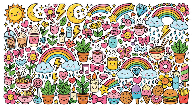 Kawaii Doodle Collection of Cute Food Nature and Lifestyle Character Icons on White Background