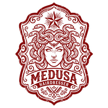 Vintage Medusa Gorgon Hairdresser Logo Emblem with Barber Tools and Ornate Shield Design