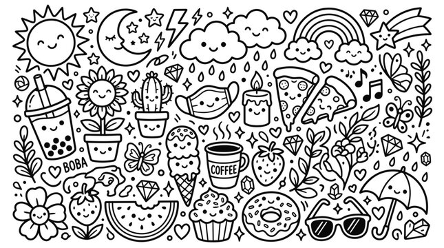 Cute Kawaii Doodle Art Collection with Food Nature and Lifestyle Icons in Black Line Art Style
