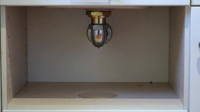 Leaking pipe dripping water into a wooden cabinet, showing damage and waste concepts. A rusty faucet causing a problem with slow, persistent water loss inside a home