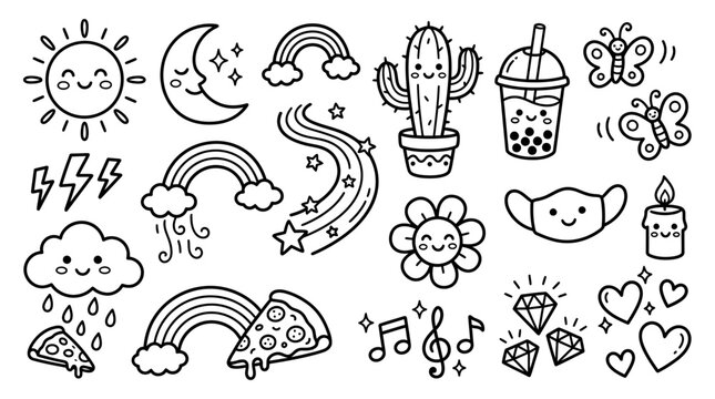 Kawaii Doodle Icon Set with Cute Sun Moon Rainbow Food and Nature Elements in Vector Line Art