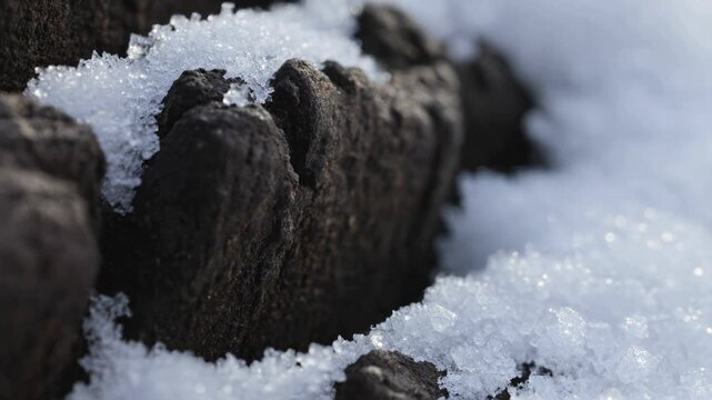 Extreme macro shot of melting ice crystals and snowflakes on a dark, rough rock surface, creating a stunning abstract winter nature background with selective focus