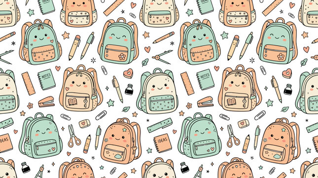 Seamless Kawaii School Supplies Pattern with Cute Backpacks and Stationery for Education Background