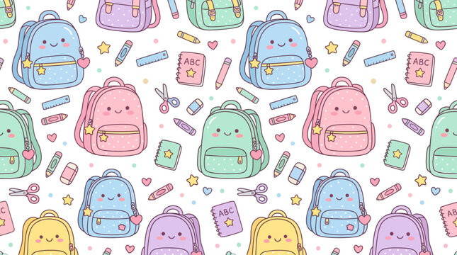 Cute Kawaii Back to School Seamless Pattern with Backpacks, Pencils, and Educational Supplies