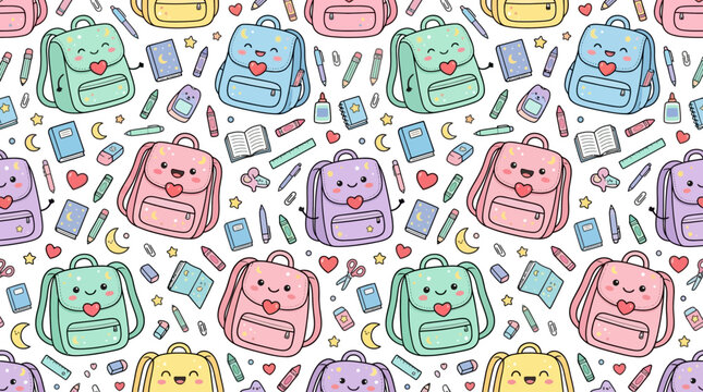 Kawaii school supplies seamless pattern with cute smiling backpacks and colorful stationery doodles
