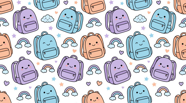 Cute Kawaii School Backpack Seamless Pattern with Rainbows and Stars for Kids Textile Background