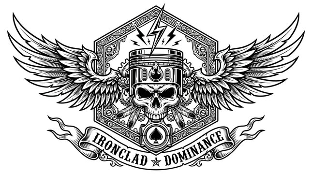 Biker Skull Emblem with Engine Piston Wings and Ironclad Dominance Ribbon Vector Illustration