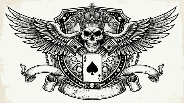 Vintage Biker Skull Emblem with Wings, Pistons, and Ace of Spades Card on Ornamental Shield
