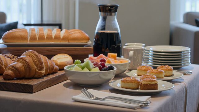 Steaming breakfast buffet with croissants, bread, fresh fruit, pastries, and juice in a hotel or restaurant setting, showcasing a continental meal with delicious catering options