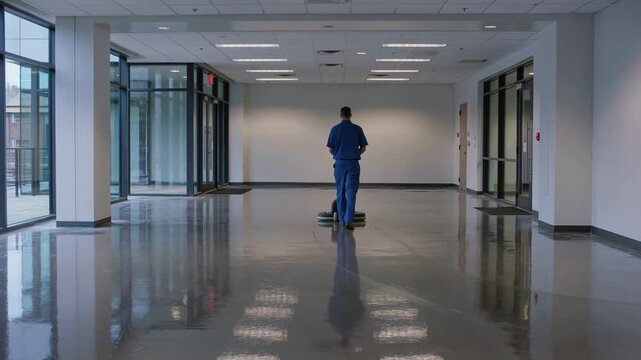 Professional male janitor in blue uniform cleaning and polishing a shiny reflective floor in an empty modern commercial building hallway with an electric buffer machine