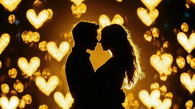 Silhouette of a Romantic Couple in Front of Glowing Heart Background