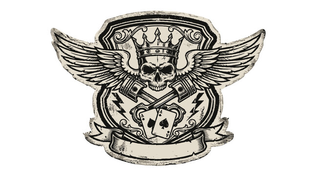Vintage Biker Crest with Crowned Skull Wings Crossed Pistons and Ace Cards