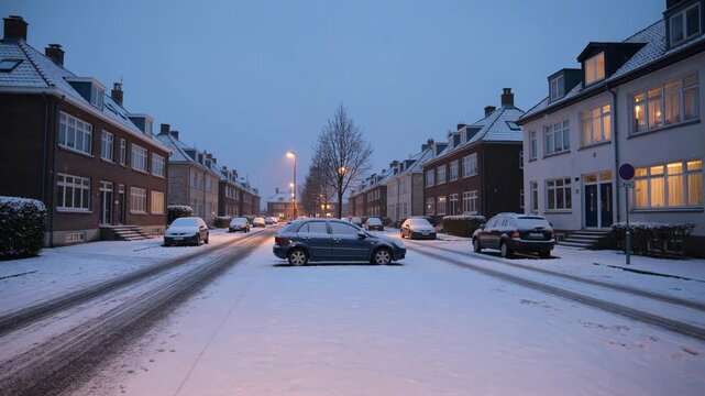 Quiet suburban neighborhood street covered in snow during a winter evening. Cars are parked along the road and lights are on in the houses, creating a peaceful atmosphere