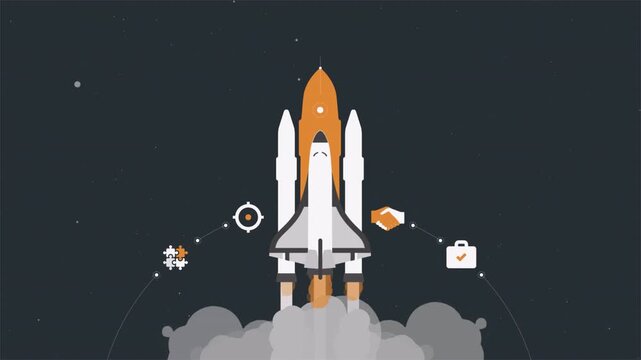 Business Startup Concept Animation with Rocket Launching into Space.