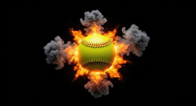 A vibrant yellow softball erupts into a dramatic explosion of glowing orange flames and dark grey smoke plumes against a black backdrop, game, burst, ignite