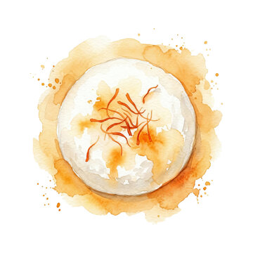 Watercolor illustration of traditional Indian sweet Saffron Ras Malai dessert top view isolated on white background