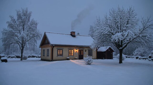 Cozy scandinavian house with smoking chimney and warm glowing windows during a beautiful and cold winter evening with trees and ground covered in deep snow