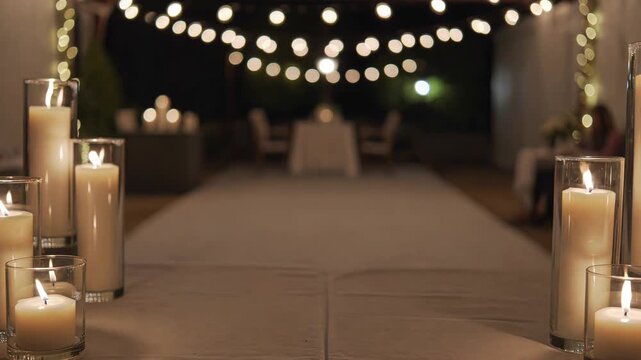 Romantic evening ceremony with an aisle runner decorated with burning candles in glass vases under hanging string lights, creating an intimate and warm atmosphere