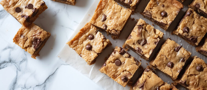 Freshly baked homemade chocolate chip blondies cut into squares arranged neatly on white marble surface top view delicious sweet treat dessert pastry snack delicious homemade treat for family and gues