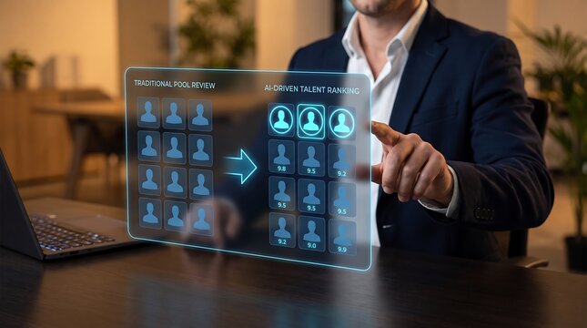 Businessman pointing at holographic transparent glass screen showing traditional pool review versus driven talent ranking with human silhouettes and performance scores in dimly lit modern office