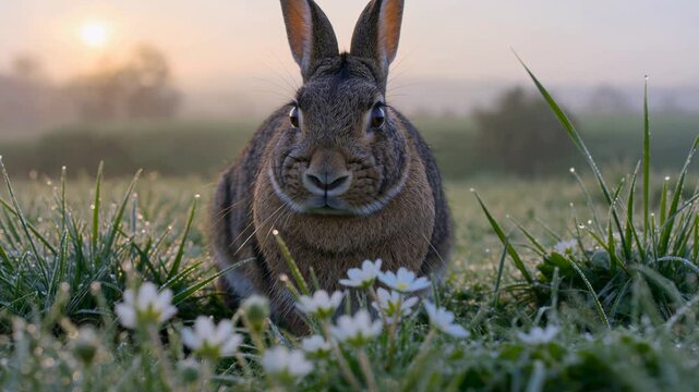 Curious wild rabbit chewing on fresh green grass in a spring meadow at sunrise. Adorable furry bunny enjoying a morning meal amidst dewy flowers and misty scenery