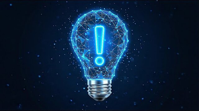 Abstract glowing wireframe light bulb with exclamation mark inside on dark blue background. Innovative technology and alert concept.