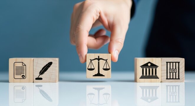 A hand carefully places the final block completing a structure symbolizing justice and legal principles