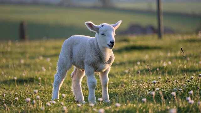 Adorable baby lamb standing in a sunny spring meadow looking curious, its white wool and pink ears backlit by the warm golden hour light, symbolizing innocence and new life