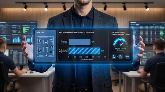Business executive presenting real time operational performance comparison dashboard with predictive staffing recommendation engine and store plan visualization on holographic display in modern office
