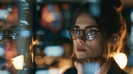 Obraz premium Female software architect evaluating a real time neural network dashboard captured with gentle contrast and minimal styling