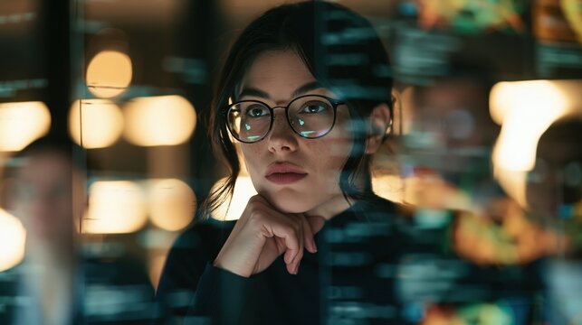 Female software architect evaluating a real time neural network dashboard with warm diffused light and an uncluttered frame