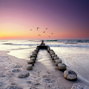 Old Wooden Groyne Extending into the Baltic Sea at Sunset
