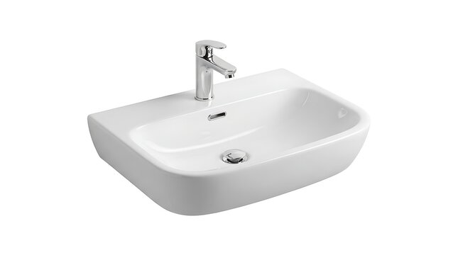 Modern white ceramic bathroom sink with elegant chrome faucet isolated on white background