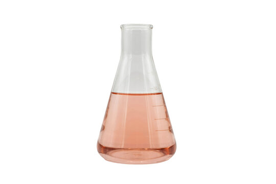 Clear glass erlenmeyer flask containing a pink liquid chemical solution with measurement markings on the side isolated on a transparent background