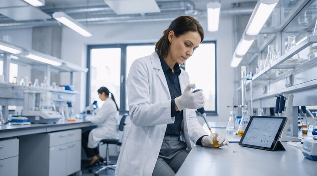 Professional female researcher in white lab coat analyzing yellow liquid sample with pipette. Digital tablet with data graphs on table. Concept of scientific research, chemistry, or quality control.