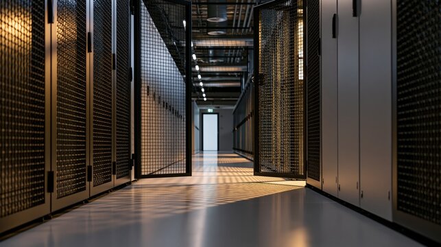 Low angle down a colocation aisle where one mesh cage door stands open captured with gentle contrast and minimal styling
