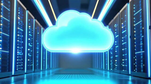 Glowing Blue Cloud Icon in a High-Tech Data Center