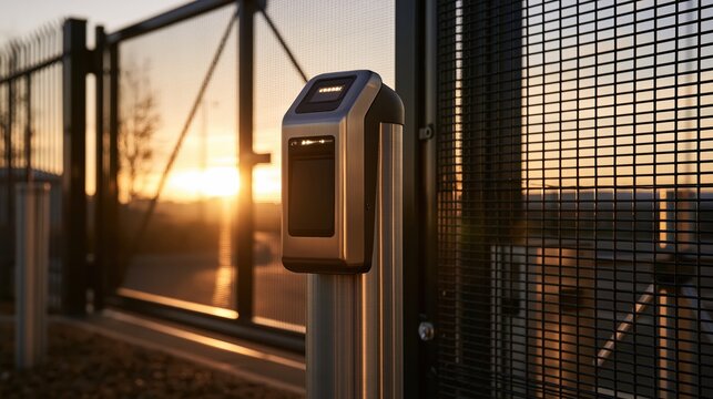 Low angle of a stainless card reader head mounted on a short post with soft natural light and generous copy space