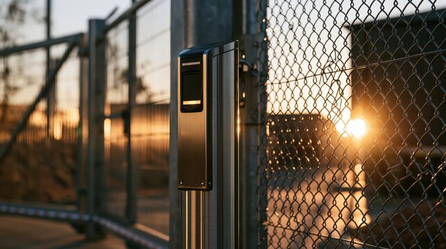 Low angle of a stainless card reader head mounted on a short post in a calm balanced composition with room for text