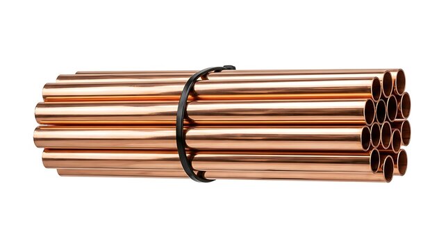 Bundle of industrial copper pipes and plumbing tubes tied together isolated on a white background for construction use