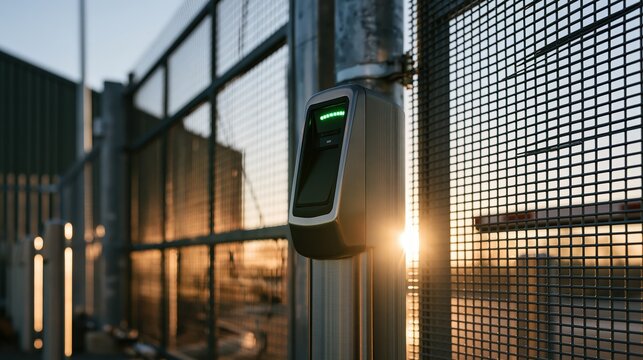 Low angle of a stainless card reader head mounted on a short post with a clean modern look and quiet negative space