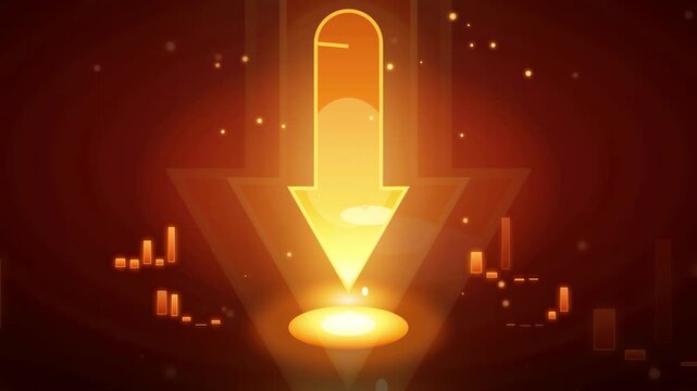 Abstract Golden Arrow Pointing Downwards Over Financial Candlestick Charts on Dark Red Background