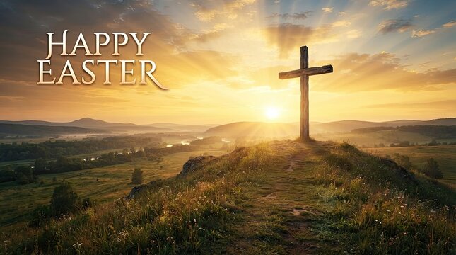 A dramatic sunrise illuminates a cross atop a hill, overlooking a vast, rolling landscape.