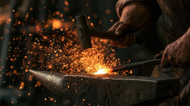 Metalsmith hammering hot Damascus steel on an anvil in a shower of sparks in a restrained editorial style with open space
