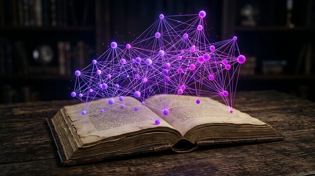 Abstract digital network nodes emerging from vintage open book glowing with purple light representing knowledge transfer and connection of traditional literature with modern technology concepts