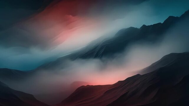 Abstract dark landscape with misty, flowing layers of red, black, and gray hues