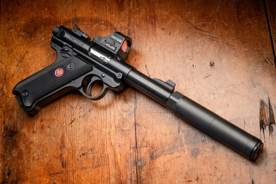 Ruger Mark IV Tactical .22 pistol, with Holosun red dot sight and Otter Creek Titanium 22 suppressor.
